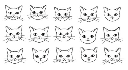 Fototapeta premium Cat Faces Vector Illustration with Various Simple Line Art Expressions in Black and White Style 