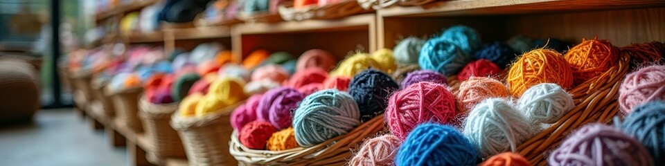 Colorful yarn store display with vibrant thread balls in baskets