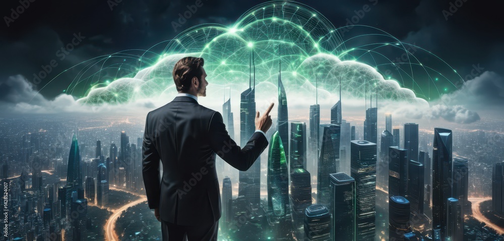 Aufkleber businessman pointing towards a futuristic cityscape surrounded by a glowing network of interconnecte