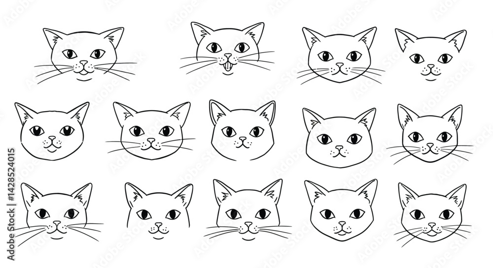 Poster various cat faces line art vector illustration with different expressions and ear shapes