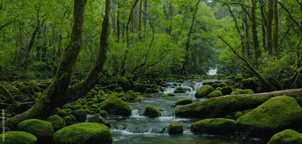 Poster a tranquil stream flows through a lush moss-covered forest with green-tinged rocks and gentle water 