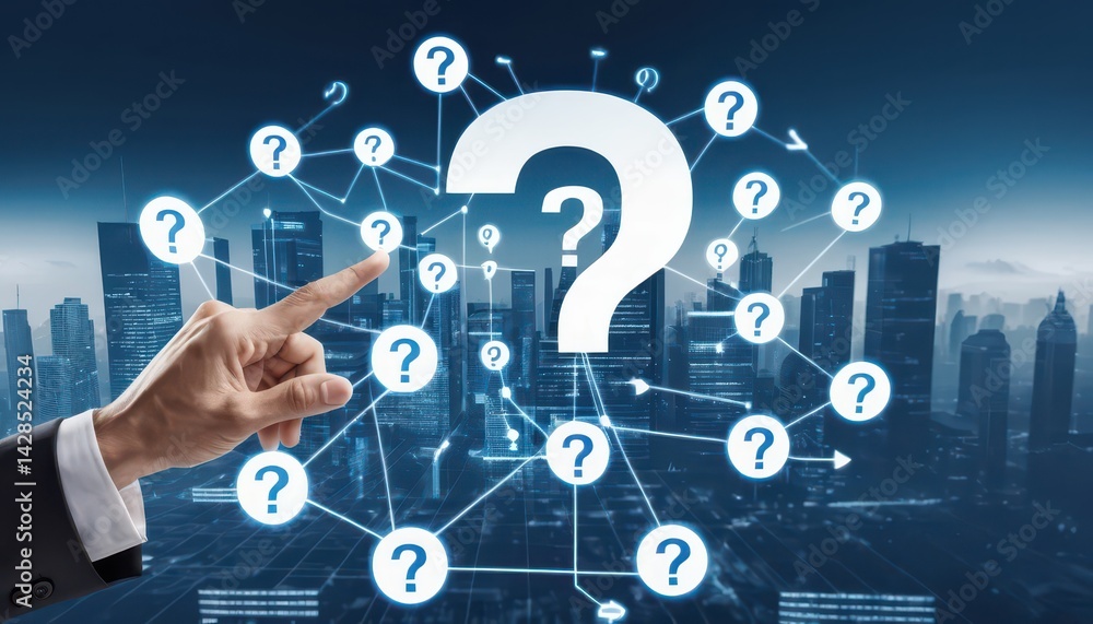 Poster A hand points at a large question mark surrounded by smaller question marks over a modern cityscape symbolizing complex problems and uncertainty