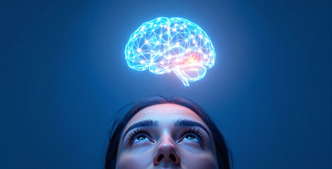 Woman staring up at a glowing digital brain made of light nodes and neural links, futuristic style on a dark blue background, concept of AI and thinking. Ai generative