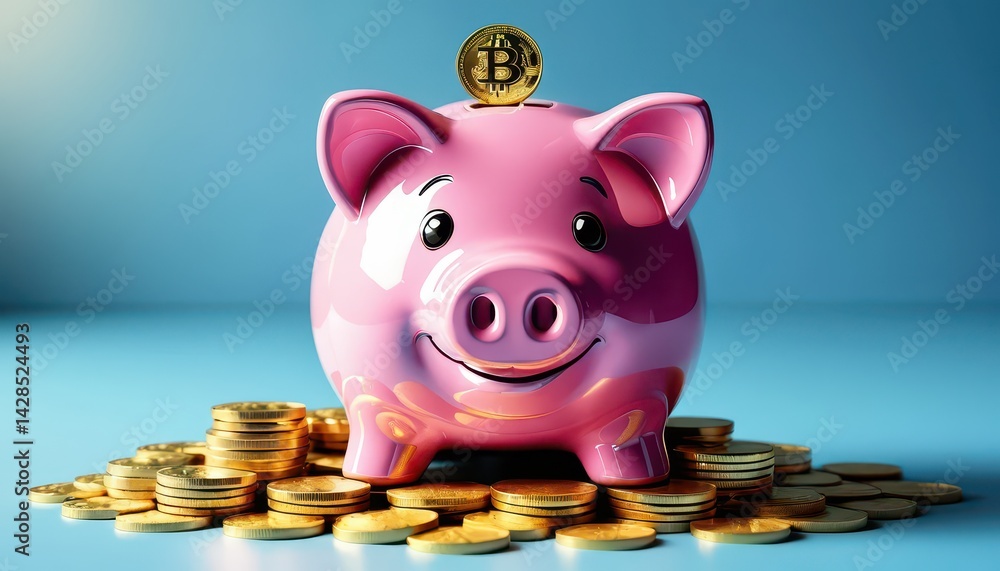 Poster cheerful pink piggy bank on a pile of gold coins with a bitcoin resting on its head against a light 