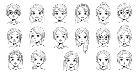 Various female faces with different hairstyles and expressions in simple black line art style vector illustration 