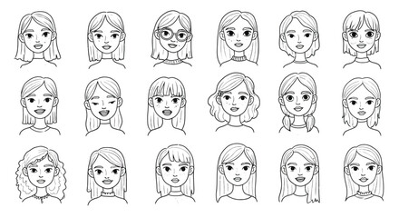 Fototapeta premium Diverse young women facial expressions line art vector illustration set with various hairstyles and emotions 