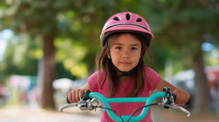 Naklejka premium Young girl wearing pink helmet riding turquoise bicycle outdoors. 