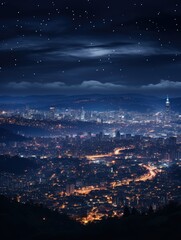 Naklejka premium A nighttime view of a city skyline illuminated with lights under a starry sky and cloudy atmosphere