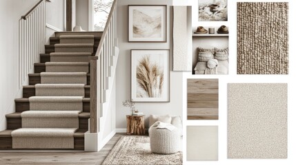 Carpet display Staircase with carpet runner and material samples in cozy home decor