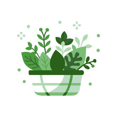 Plant basket with assorted greens in flat green style