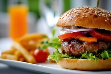 Delicious Burger with Fresh Ingredients and Crispy Fries on Plate