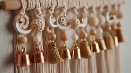 Decorative wall hanging featuring bohemian design with bells and moon shapes in cozy indoor space