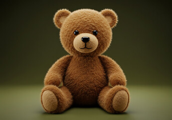 Obraz premium Brown Fluffy Teddy Bear Sitting on Olive Green Background