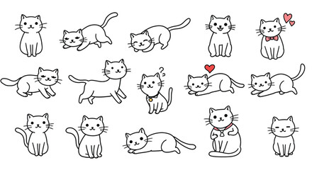 Cute cat cartoon vector set with various poses and heart accents for playful and loving pet illustrations 