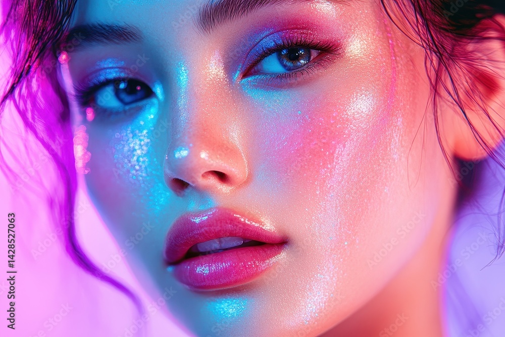 Poster portrait of a woman with vibrant lighting showcasing colorful reflections on her face, emphasizing h