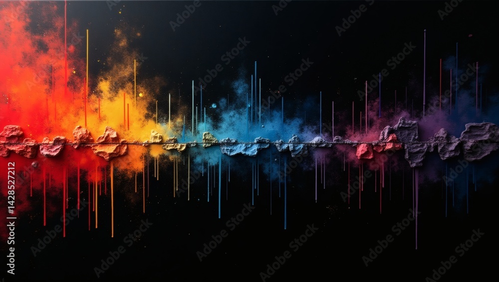 Poster A vibrant visual representation of sound waves with multiple colors against a dark background. This image features a dynamic interplay of colors, creating a captivating display of sound
