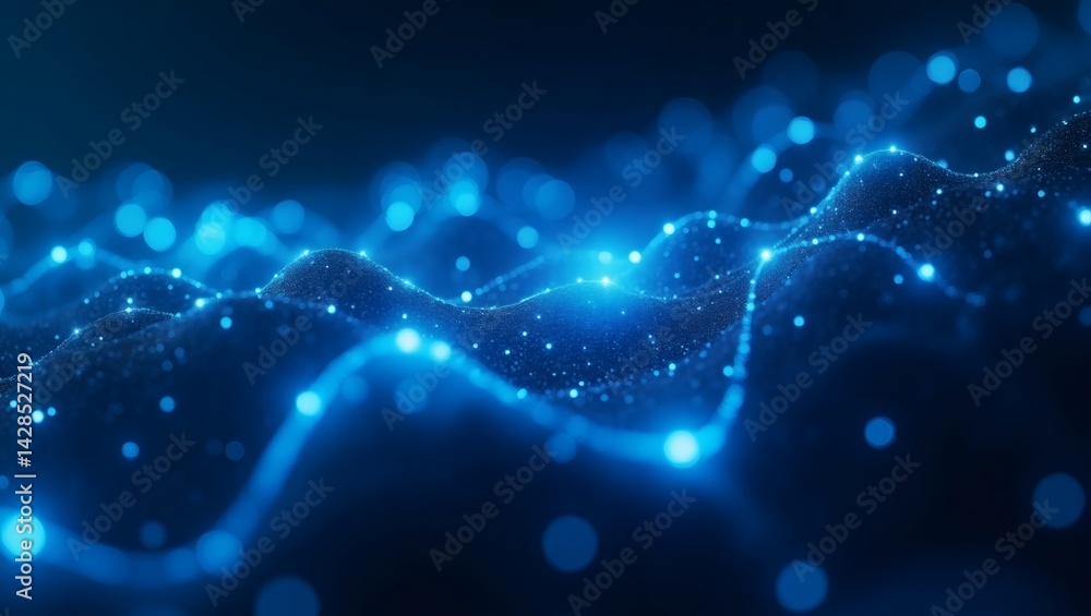 Poster Abstract blue glowing particles forming wave-like patterns.  The image evokes a sense of technology, data, and digital energy.