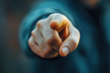 Person pointing directly at the viewer, capturing attention with a sharp focus on hand gesture, set against a blurred background during daytime