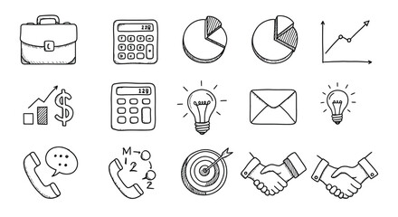 Fototapeta premium Business and finance hand drawn icons with calculator, light bulb, phone, and handshake elements for office and marketing use 