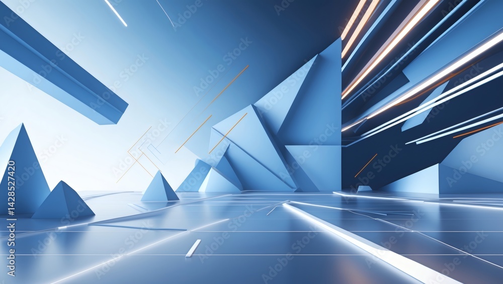 Poster abstract geometric shapes in a blue space with white and golden light lines. The light lines are in different directions creating an optical illusion, some are vertical and some are horizontal.