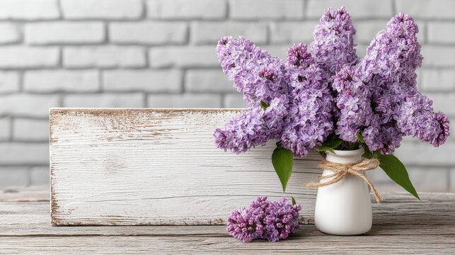 Lilac bouquet in a white vase on a rustic wooden table with a blank sign for personalized messages in a cozy indoor setting