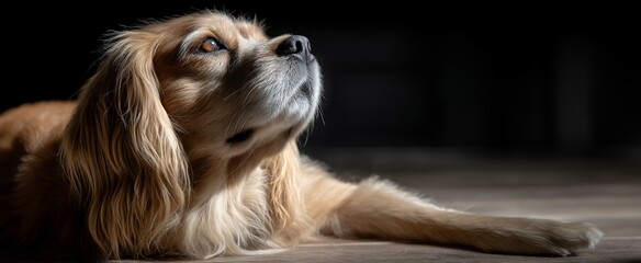 Naklejka premium A golden-cream dog resting, gazing upward