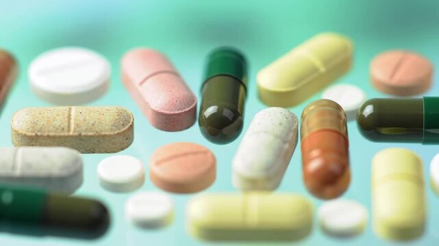 A Diverse Collection of Various Multicolored Pills and Capsules Displaying Different Shapes and Textures on a Soft Green Background