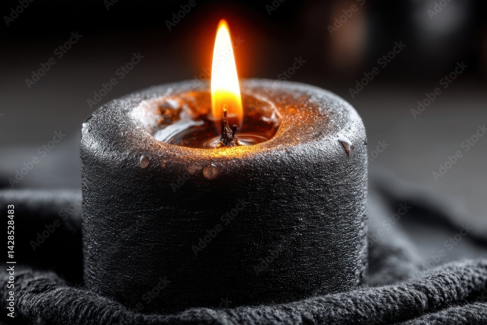 Poster candle flame flickers gently on a dark textured surface creating a calm and serene atmosphere in low
