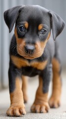Obraz premium Cute puppy exploring a concrete surface in a bright environment during the afternoon