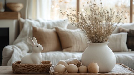 Timeless Easter interior with warm neutrals, rattan textures, and ceramic rabbits creating rustic charm.