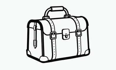 Vintage travel bag silhouette, A black and white line art drawing of a vintage canvas travel bag with leather trim