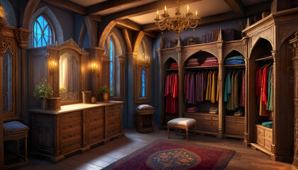 Obraz premium Vintage wooden wardrobe room with elegant gothic arches and warm lighting creates cozy medieval-inspired atmosphere, ideal for interior design, historical reenactment, fantasy lifestyle visuals