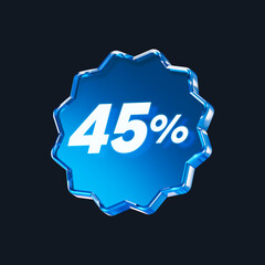 Transparent blue glass 45% isolated on black background. 3D rendering.