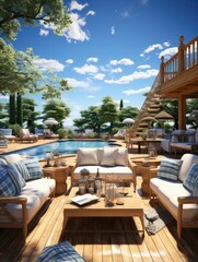 Fototapeta premium A luxurious outdoor lounge area with a pool and wooden deck under a bright blue sky with clouds