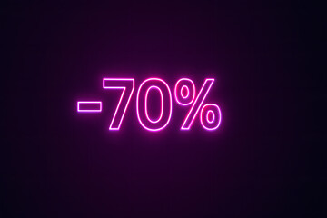 Minus 70% percent off pink purple neon light sign. Glowing text effect for sale, discount promotion, advertising banner or background. Seventy percent reduction, retail clearance, shopping offer.