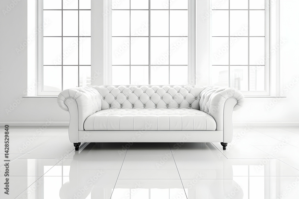Poster a white leather sofa stands in the center of an empty room with large windows and shiny floor tiles,