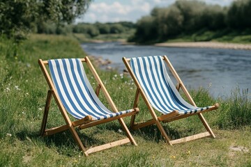 Fototapeta premium The green lawn by the river features folding chairs for camping