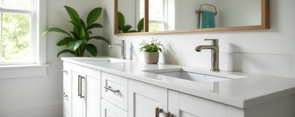Modern farmhouse double vanity, white cabinets, sleek faucets, countertop, hardware