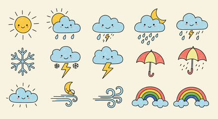 Obraz premium Weather icons set including sun, clouds with rain, lightning, snowflake, wind, umbrella, moon, and rainbow vector illustration 