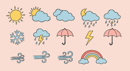 Obraz premium Weather icons set including sun, clouds, rain, snowflake, lightning, umbrella, wind, and rainbow vector illustration 