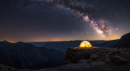 Glowing Tent on Mountain Cliff Edge at Dusk with Starry Sky and Milky Way Above Valley