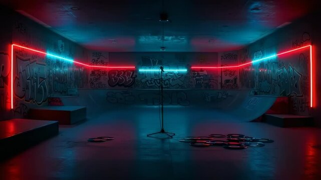 Urban skatepark interior illuminated by neon lights, showcasing graffiti art and a microphone stand - rap backgrounds