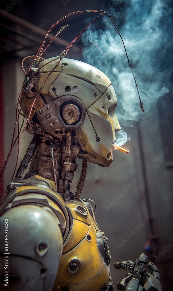 Poster robotic figure with cigarette in steam-filled workshop setting