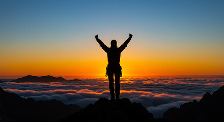 Fototapeta premium Triumphant Mountain Climber Silhouette at Summit with Arms Raised Against Colorful Sunrise Sky