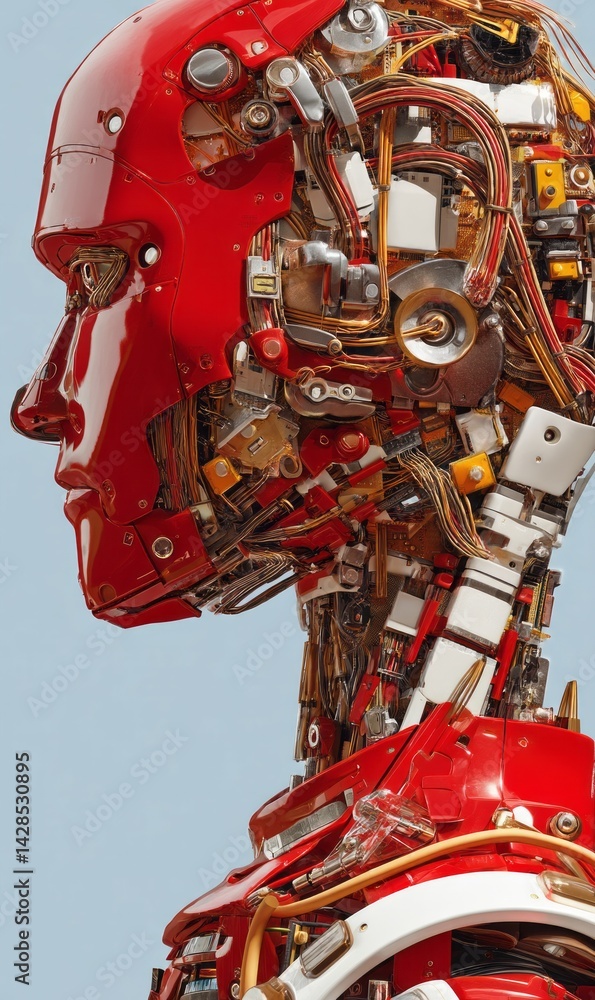 Poster detailed close-up of a red robotic head with visible components