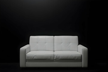 White leather sofa against a black wall with copy space, 3D rendering, simple background, minimalist , simple design, simple lines, simple shapes, minimal details, white on a black background, high re