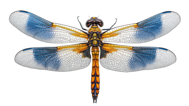 A colorful dragonfly with detailed wings, displaying various shades of blue, white and orange, set against a black backdrop.
