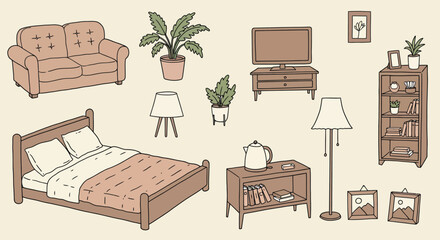 Cozy bedroom furniture set with sofa, bed, plants, TV, lamp, bookshelf, and decor in warm tones vector illustration 