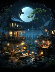 Obraz premium A whimsical treehouse village illuminated by a full moon in a fantastical night landscape scene