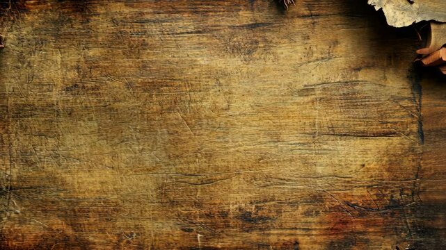 Weathered wood texture background, autumn leaves